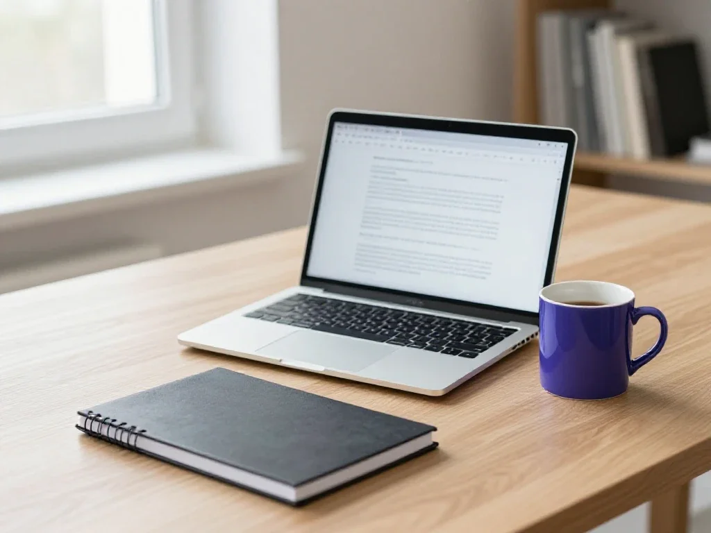 Espace de travail avec carnet, café et ordinateur portable baignés par une lumière naturelle.
